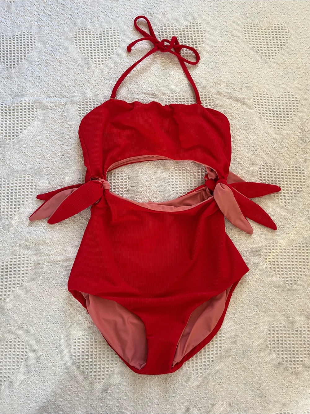 Women’s Red Cutout One-Piece Swimsuit with Side Tie Accents